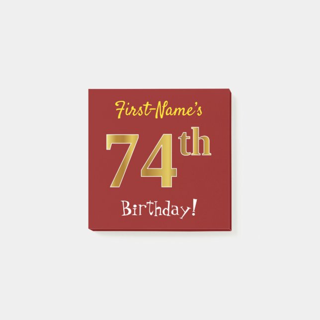 Red, Faux Gold 74th Birthday, With Custom Name Post-it Notes (Front)