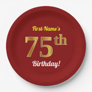 Red, Faux Gold 75th Birthday + Custom Name Paper Plate