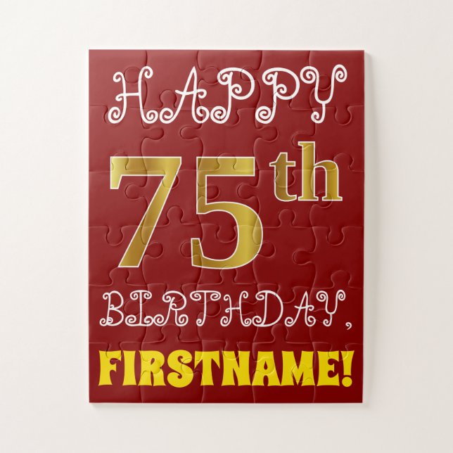 Red, Faux Gold 75th Birthday + Custom Name Puzzle (Vertical)