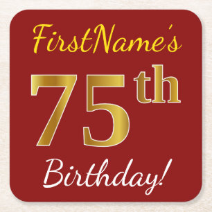 Red, Faux Gold 75th Birthday + Custom Name Square Paper Coaster