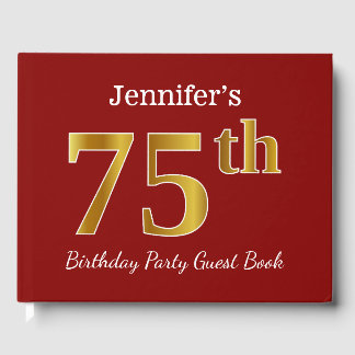 Red, Faux Gold 75th Birthday Party + Custom Name Guest Book