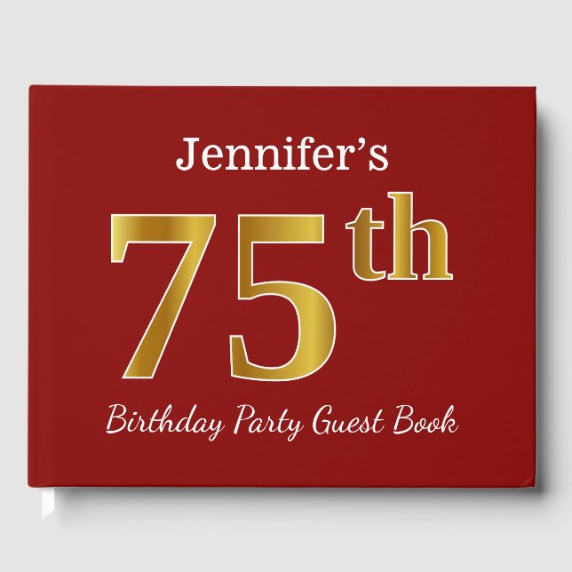 Red, Faux Gold 75th Birthday Party + Custom Name Guest Book (Front)