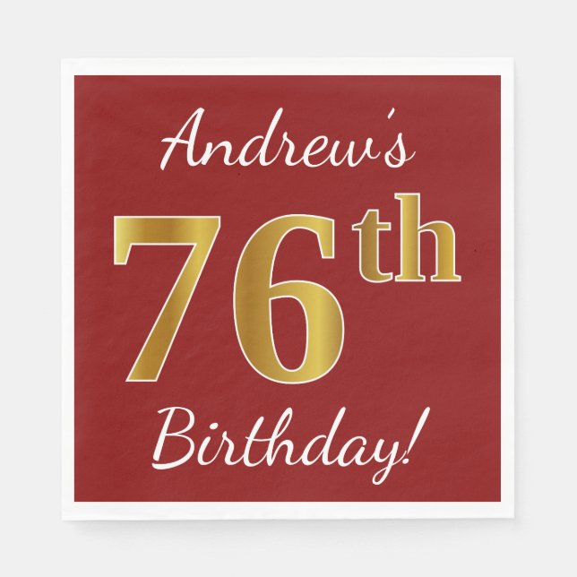 Red, Faux Gold 76th Birthday + Custom Name Napkin (Front)