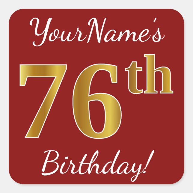 Red, Faux Gold 76th Birthday + Custom Name Sticker (Front)