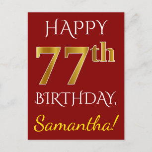 Red, Faux Gold 77th Birthday + Custom Name Postcard