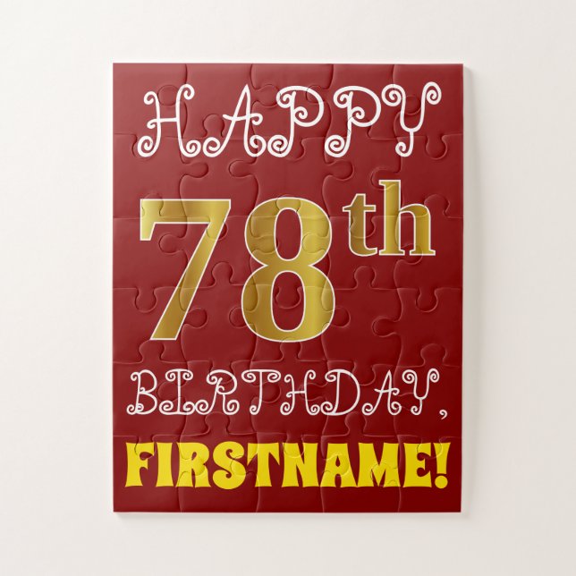 Red, Faux Gold 78th Birthday + Custom Name Puzzle (Vertical)