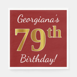 Red, Faux Gold 79th Birthday + Custom Name Napkin