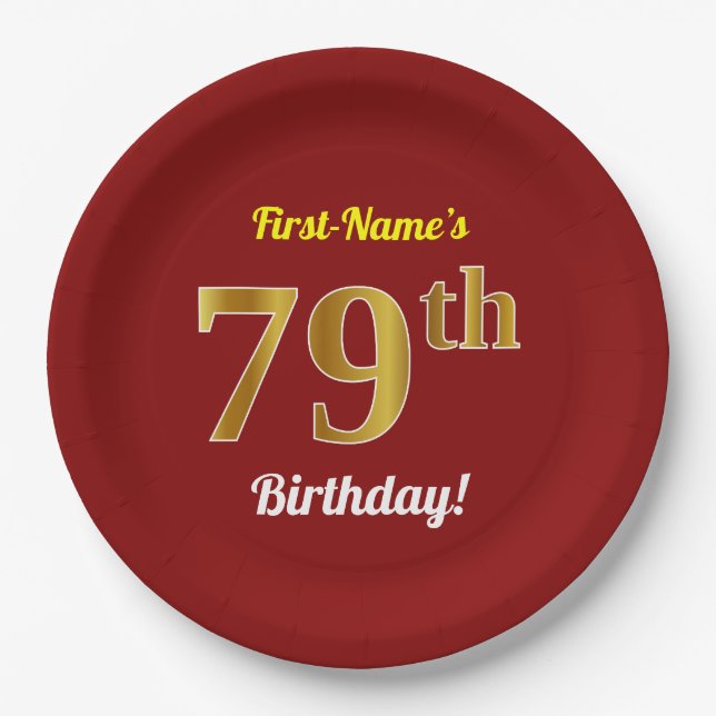 Red, Faux Gold 79th Birthday + Custom Name Paper Plate (Front)