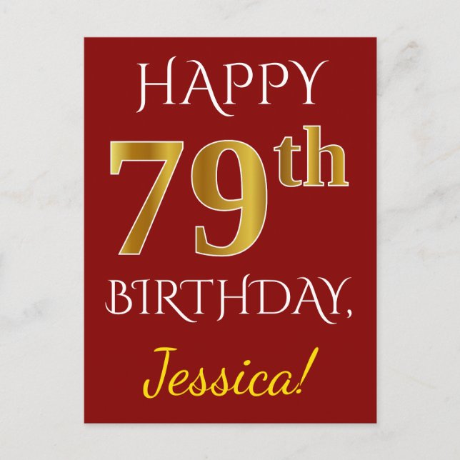 Red, Faux Gold 79th Birthday + Custom Name Postcard (Front)