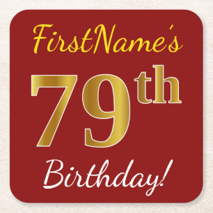 Red, Faux Gold 79th Birthday + Custom Name Square Paper Coaster