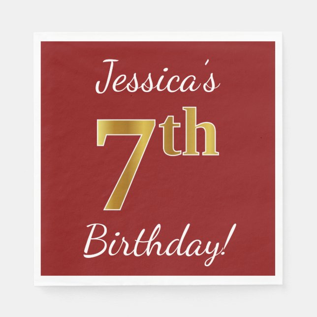 Red, Faux Gold 7th Birthday + Custom Name Napkin (Front)