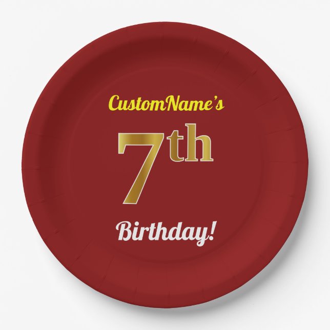Red, Faux Gold 7th Birthday + Custom Name Paper Plate (Front)