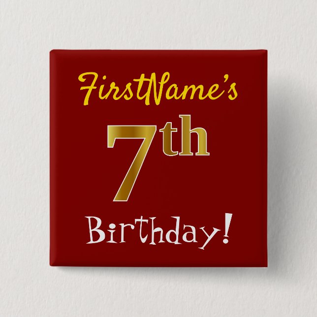 Red, Faux Gold 7th Birthday, With Custom Name 2 Inch Square Button (Front)