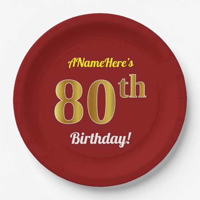 Red, Faux Gold 80th Birthday + Custom Name Paper Plate (Front)