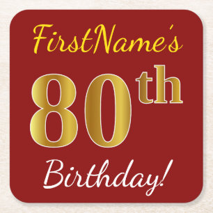 Red, Faux Gold 80th Birthday + Custom Name Square Paper Coaster