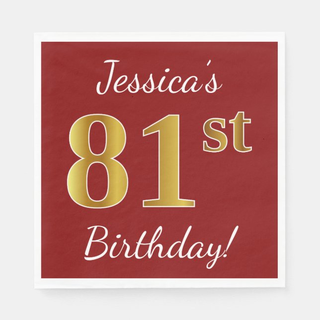 Red, Faux Gold 81st Birthday + Custom Name Napkin (Front)