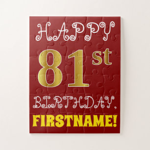 Red, Faux Gold 81st Birthday + Custom Name Puzzle