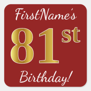 Red, Faux Gold 81st Birthday + Custom Name Sticker