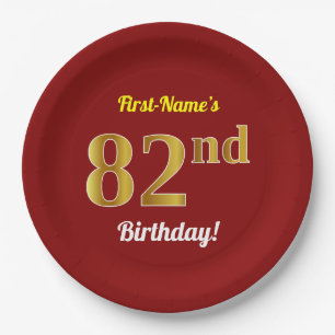 Red, Faux Gold 82nd Birthday + Custom Name Paper Plate