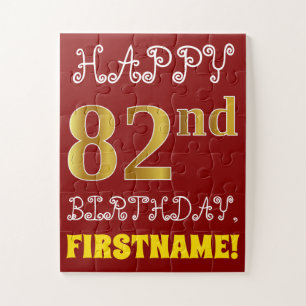 Red, Faux Gold 82nd Birthday + Custom Name Puzzle