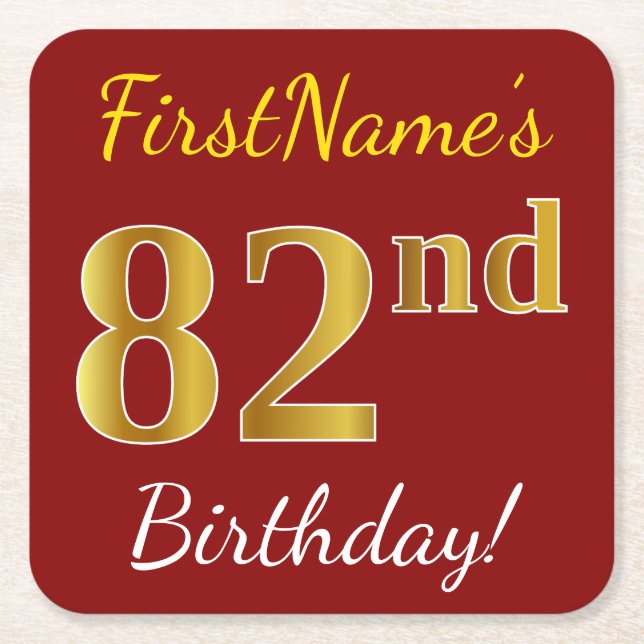 Red, Faux Gold 82nd Birthday + Custom Name Square Paper Coaster (Front)