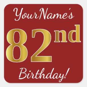 Red, Faux Gold 82nd Birthday + Custom Name Sticker