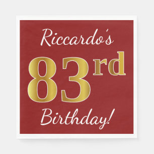 Red, Faux Gold 83rd Birthday + Custom Name Napkin