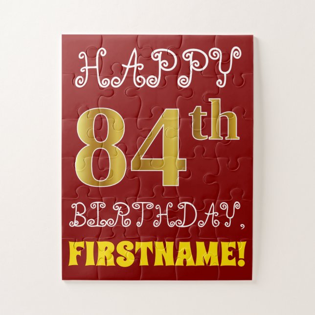 Red, Faux Gold 84th Birthday + Custom Name Puzzle (Vertical)