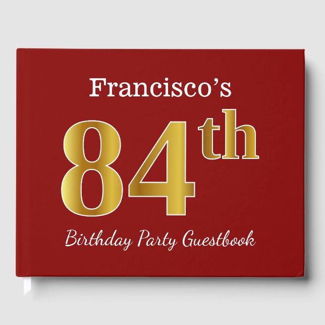 Red, Faux Gold 84th Birthday Party + Custom Name Guest Book (Front)