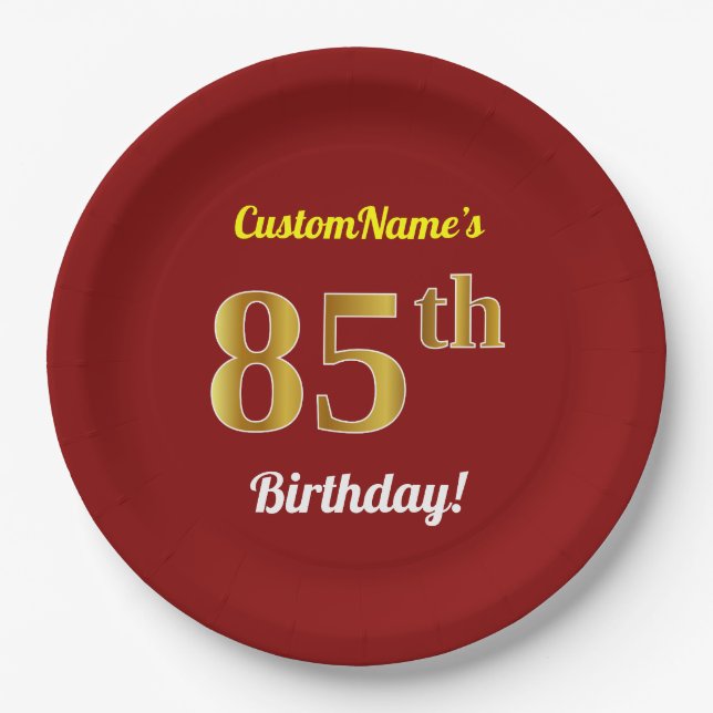 Red, Faux Gold 85th Birthday + Custom Name Paper Plate (Front)