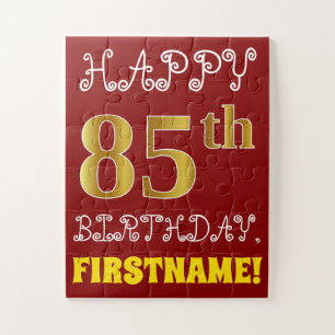 Red, Faux Gold 85th Birthday + Custom Name Puzzle
