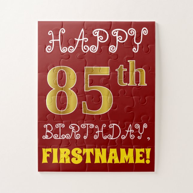 Red, Faux Gold 85th Birthday + Custom Name Puzzle (Vertical)