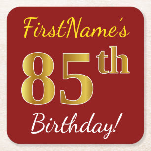 Red, Faux Gold 85th Birthday + Custom Name Square Paper Coaster