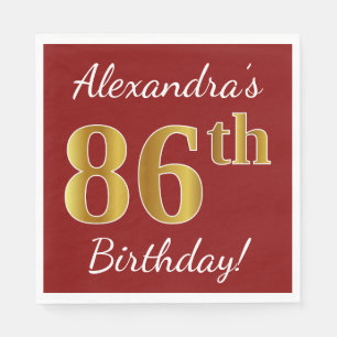 Red, Faux Gold 86th Birthday + Custom Name Napkin