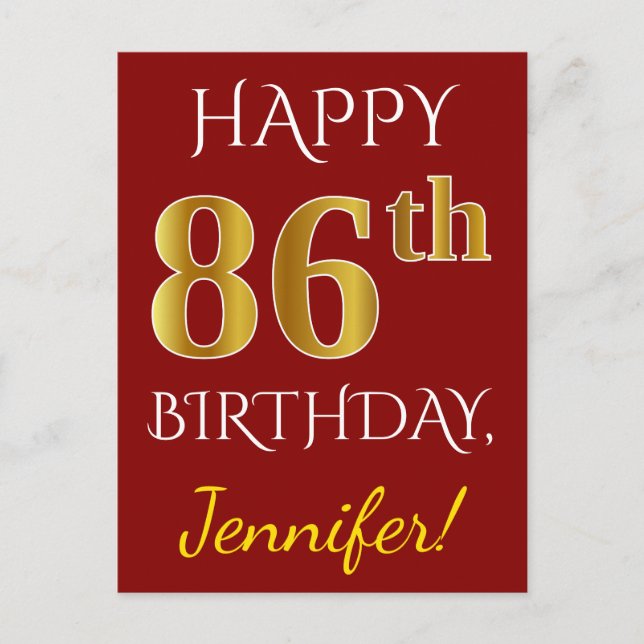 Red, Faux Gold 86th Birthday + Custom Name Postcard (Front)
