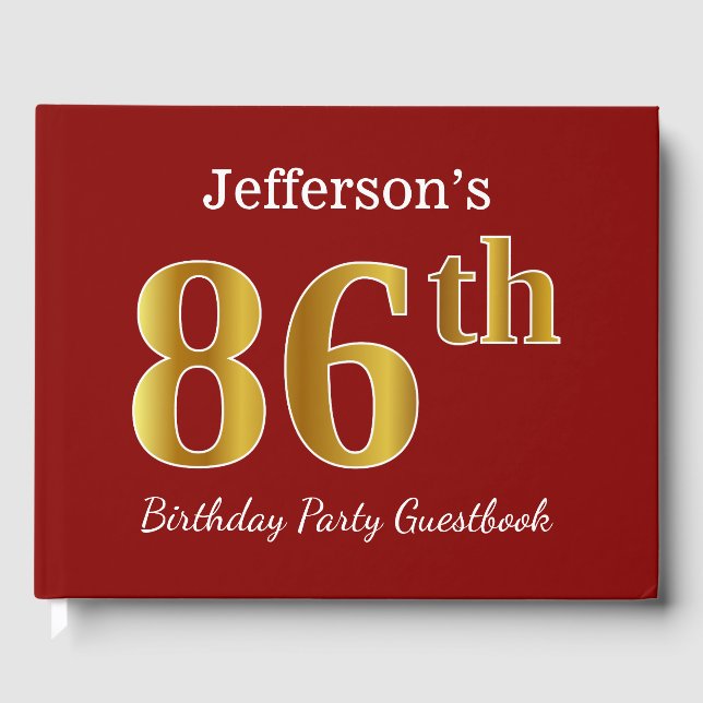 Red, Faux Gold 86th Birthday Party + Custom Name Guest Book (Front)