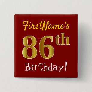 Red, Faux Gold 86th Birthday, With Custom Name 2 Inch Square Button