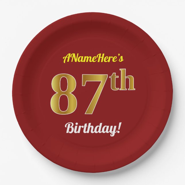 Red, Faux Gold 87th Birthday + Custom Name Paper Plate (Front)
