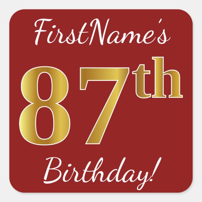 Red, Faux Gold 87th Birthday + Custom Name Sticker (Front)