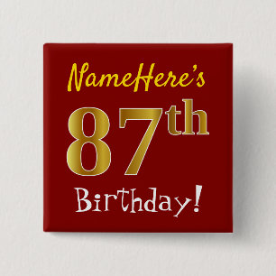 Red, Faux Gold 87th Birthday, With Custom Name 2 Inch Square Button
