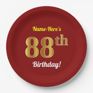 Red, Faux Gold 88th Birthday + Custom Name Paper Plate