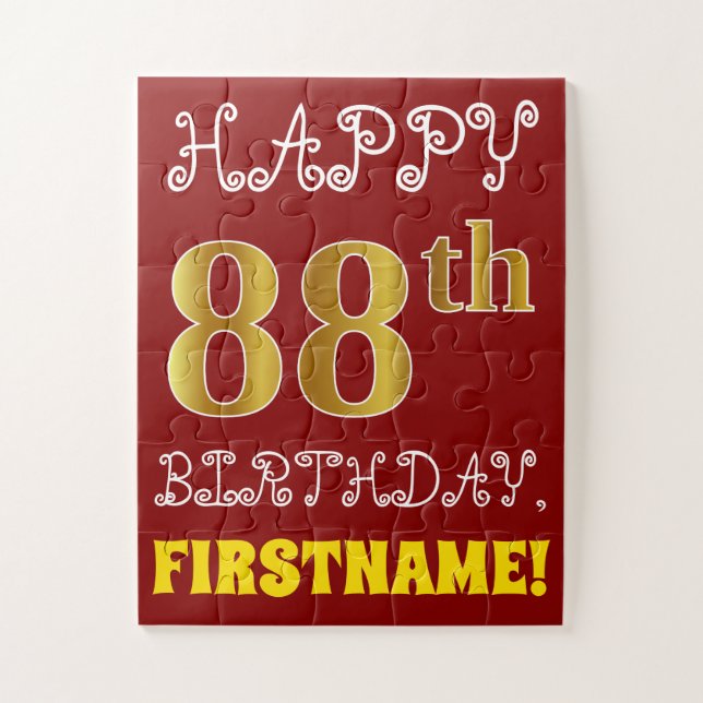Red, Faux Gold 88th Birthday + Custom Name Puzzle (Vertical)