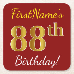 Red, Faux Gold 88th Birthday + Custom Name Square Paper Coaster