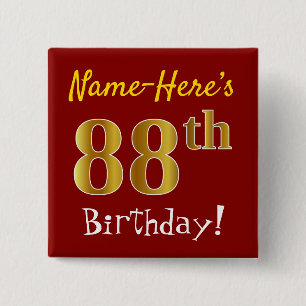 Red, Faux Gold 88th Birthday, With Custom Name 2 Inch Square Button