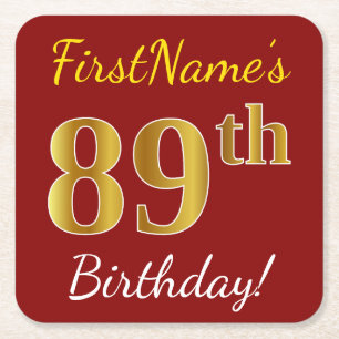 Red, Faux Gold 89th Birthday + Custom Name Square Paper Coaster