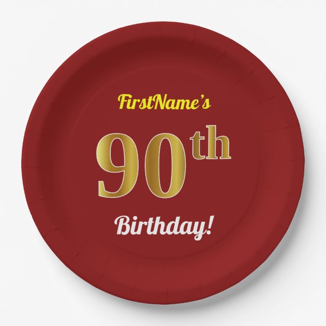 Red, Faux Gold 90th Birthday + Custom Name Paper Plate (Front)