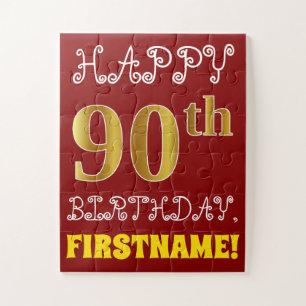 Red, Faux Gold 90th Birthday + Custom Name Puzzle