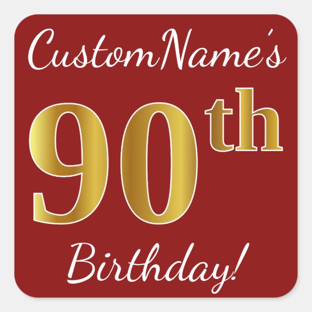 Red, Faux Gold 90th Birthday + Custom Name Sticker (Front)
