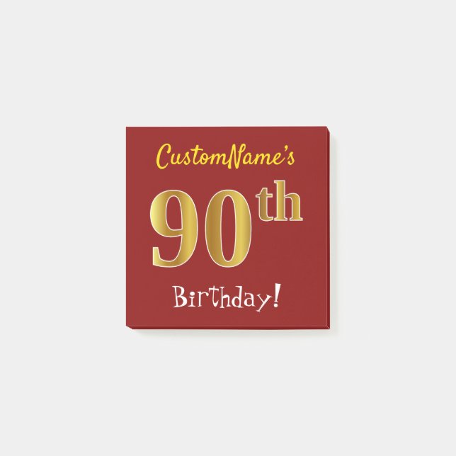 Red, Faux Gold 90th Birthday, With Custom Name Post-it Notes (Front)