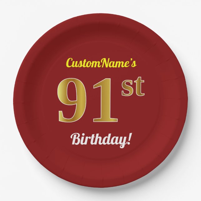 Red, Faux Gold 91st Birthday + Custom Name Paper Plate (Front)